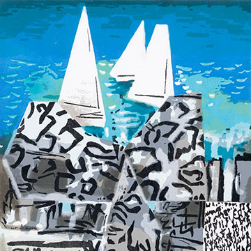 an abstract painting of sailboats in the background. In the foreground are black, gray and white shapes obscuring part of the view.